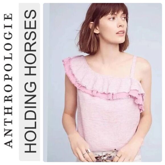 Anthropologie‎ Holding Horses Linen Purple One Shoulder Ruffle Top - XS - Picture 2 of 14
